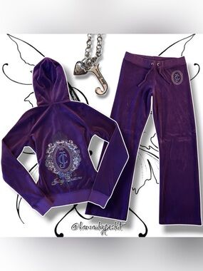 VTG Y2K Juicy Couture Purple/Multicolor Velour Hoodie & Pants Tracksuit Set